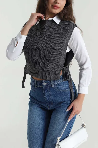 Antrasit Bağlamalı Tasarım Kadın Triko Üst 489616