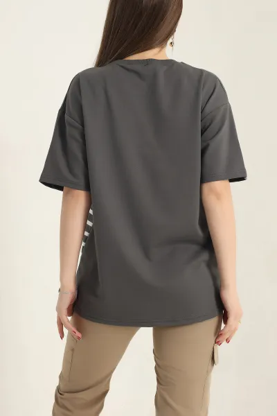 Antrasit Baskılı Bisiklet Yaka Oversize Bayan Tişört 337667