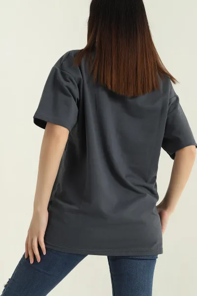 Antrasit Baskılı İki İp Kadın Oversize Tişört 356681