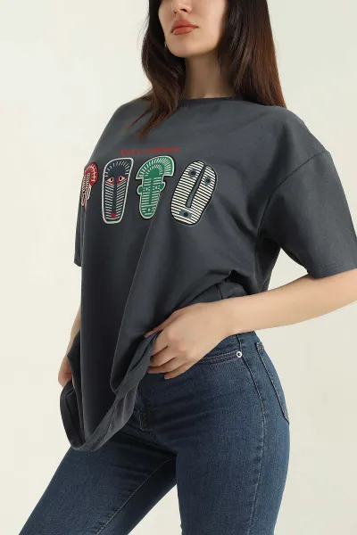 Antrasit Baskılı İki İp Kadın Oversize Tişört 356681