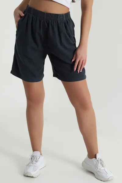 Antrasit Bel Lastikli Tencel Gabardin Kadın Şort 478751