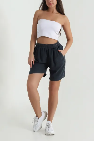Antrasit Bel Lastikli Tencel Gabardin Kadın Şort 478751