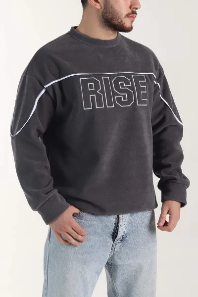 Antrasit Bisiklet Yaka Polar Kumaş Yazı Detaylı Erkek Sweatshirt 404253