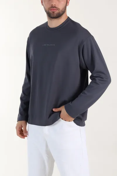 Antrasit Bisiklet Yaka Yazı Detaylı Erkek Sweatshirt 409093