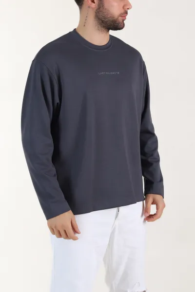 Antrasit Bisiklet Yaka Yazı Detaylı Erkek Sweatshirt 409093