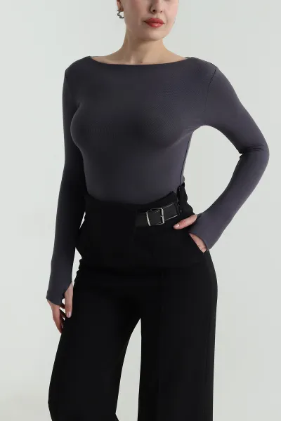Antrasit Buzzy Likralı Kadın Bluz 499526