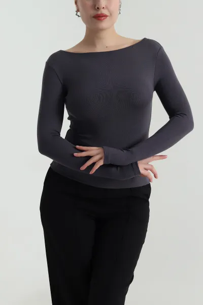 Antrasit Buzzy Likralı Kadın Bluz 499526