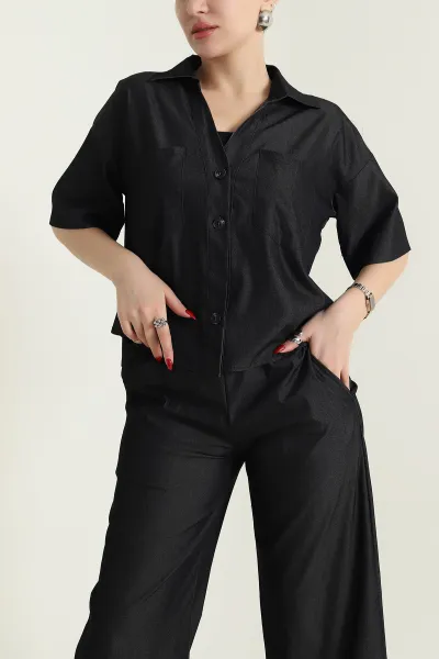 Antrasit Cepli Bel Lastikli Denim Kadın İkili Takım 430119
