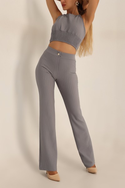 Antrasit Çizgili Bluz Palazzo Pantolon İkili Takım 193817