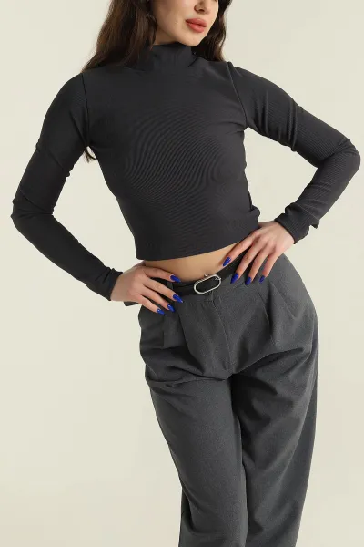 Antrasit Dik Yaka Ottoman Kadın Bluz 424658