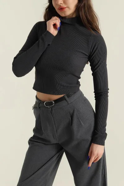 Antrasit Dik Yaka Ottoman Kadın Bluz 424658