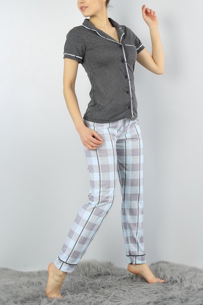 Antrasit Düğmeli Baskılı Bayan Pijama Takımı 54952