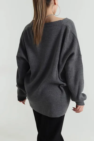 Antrasit Düğmeli Oversize Kadın Triko Hırka 490711