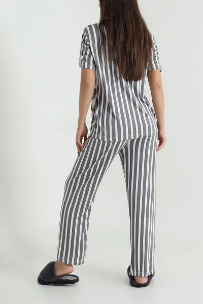 Antrasit Düğmeli Viskon  Kadın Pijama Takımı 466684