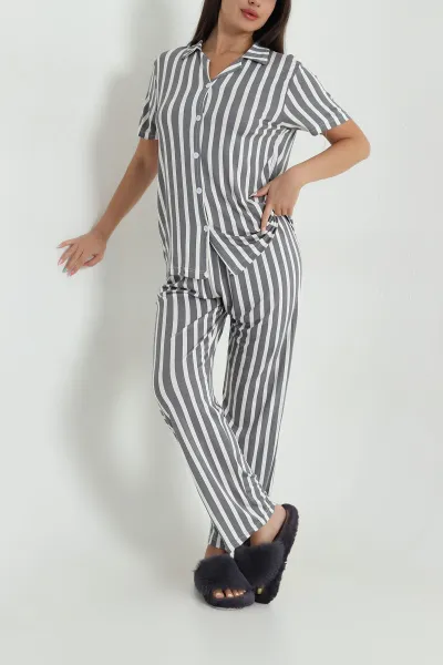 Antrasit Düğmeli Viskon  Kadın Pijama Takımı 466684