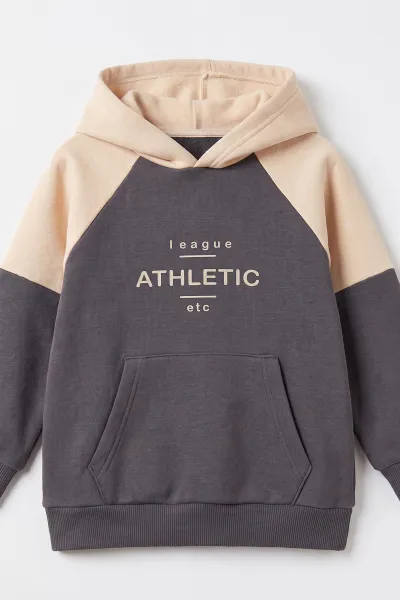 Antrasit Ekru (2-6  Yaş) Athletic Baskılı Kapüşonlu   3 İp Şardonlu Erkek Çocuk Kışlık Takım 498865