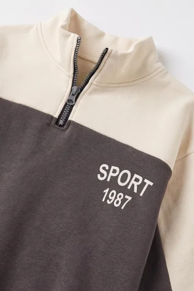 Antrasit Ekru (5-12 Yaş) Garnili Sport  Baskılı  Yarım Fermuarlı     3 İp Şardonlu Erkek Çocuk Kışlık Takım 481535