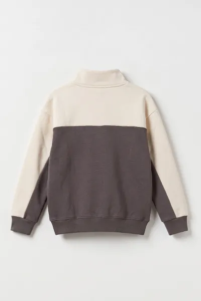Antrasit Ekru (5-12 Yaş) Sports Baskılı Yarım Fermuarlı 3 İp Şardonlu Erkek Çocuk Sweatshirt 481749