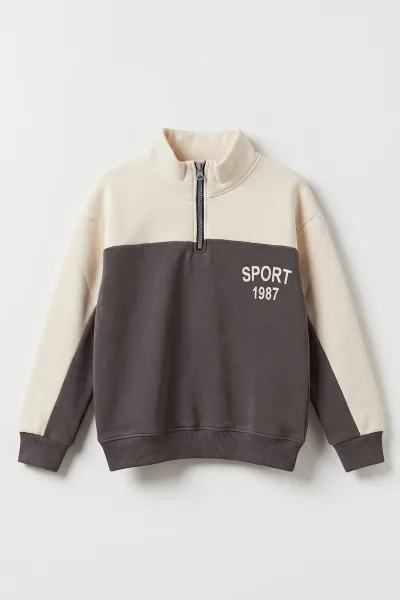Antrasit Ekru (5-12 Yaş) Sports Baskılı Yarım Fermuarlı 3 İp Şardonlu Erkek Çocuk Sweatshirt 481749