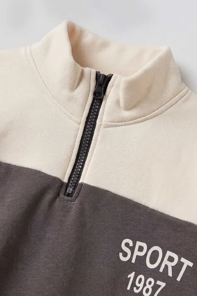 Antrasit Ekru (5-12 Yaş) Sports Baskılı Yarım Fermuarlı 3 İp Şardonlu Erkek Çocuk Sweatshirt 481749