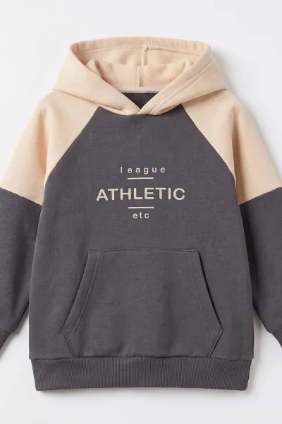 Antrasit Ekru (6-10 Yaş) Athletic Baskılı Kapüşonlu 3 İp Şardonlu Erkek Çocuk Kışlık Takım 498864