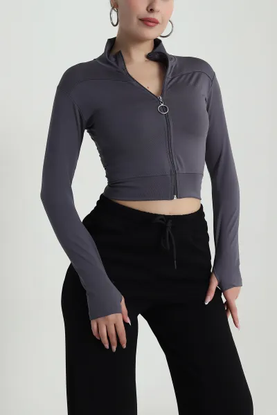 Antrasit Fermuarlı Dalgıç Kadın Sweat 487999