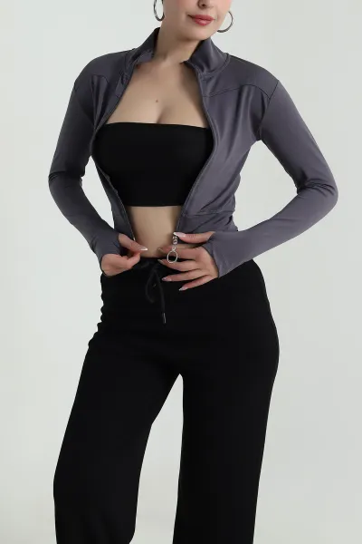 Antrasit Fermuarlı Dalgıç Kadın Sweat 487999
