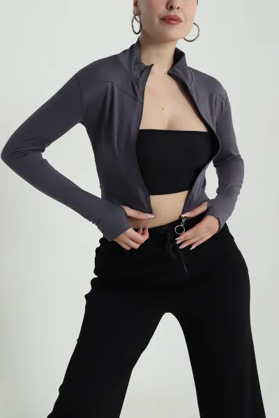 Antrasit Fermuarlı Dalgıç Kadın Sweat 487999