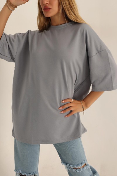Antrasit İki İp Oversize Bayan Tişört 193600