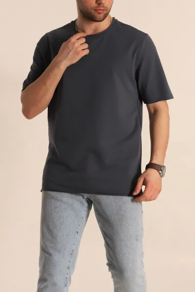 Antrasit İki İp Yırtık Yaka Detaylı Basic Erkek Tişört 261491