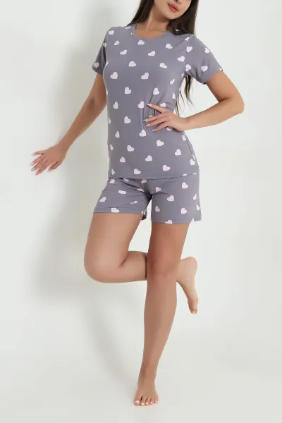 Antrasit Kalp Desenli Kadın Şortlu Pijama Takımı 466439