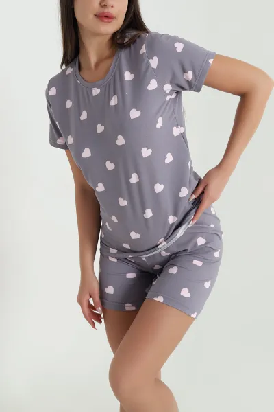 Antrasit Kalp Desenli Kadın Şortlu Pijama Takımı 466439
