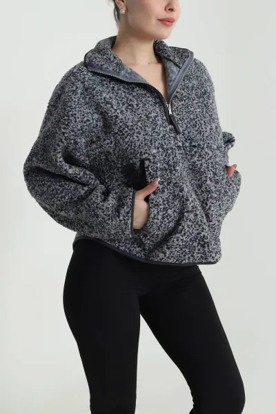 Antrasit Kangru Cep Detay Teddy Kadın Sweat 492641