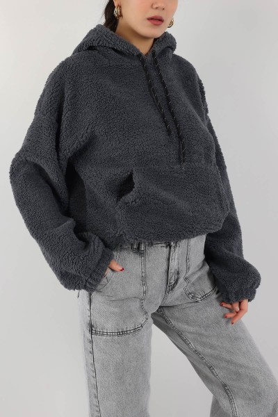 Antrasit Kapüşonlu Cepli Yumoş Sweat 151236