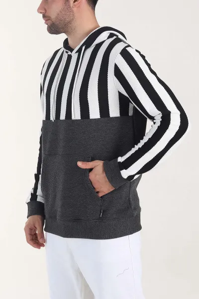 Antrasit Kapüşonlu Şerit Detaylı Erkek Sweatshirt 408066