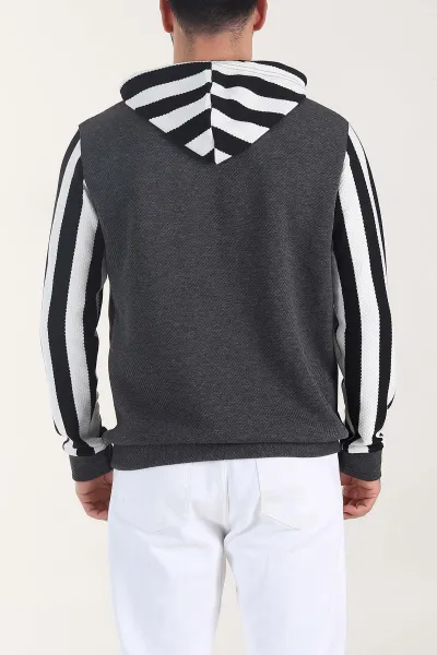 Antrasit Kapüşonlu Şerit Detaylı Erkek Sweatshirt 408066
