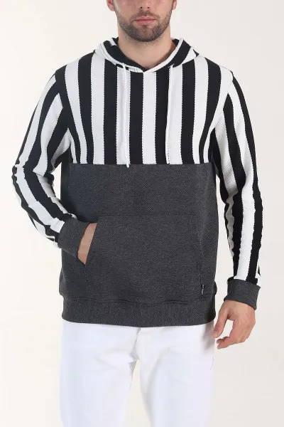 Antrasit Kapüşonlu Şerit Detaylı Erkek Sweatshirt 408066