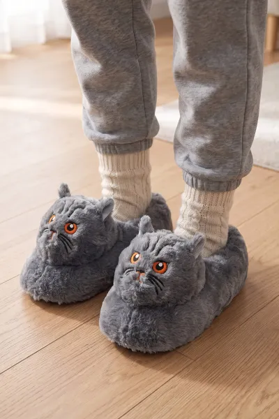 Antrasit Kedi Figürlü Peluş Kadın Panduf 490433