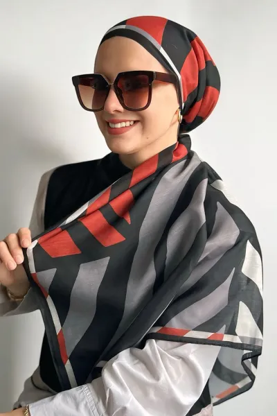 Antrasit-Kırmızı 90x90 Cm Dijital Baskı Jasmin Desenli Pamuk Eşarp 367903