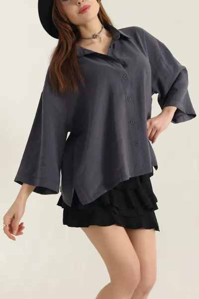 Antrasit Kısa Kol Tencel Oversize Bayan Gömlek 337587