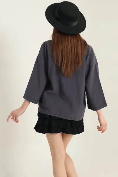 Antrasit Kısa Kol Tencel Oversize Bayan Gömlek 337587