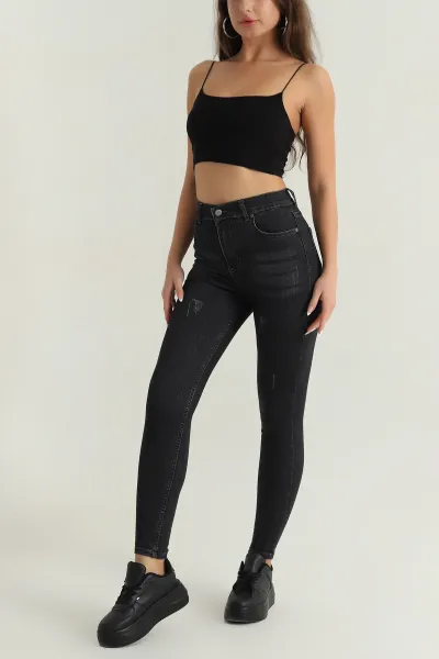 Antrasit Lazerli Likralı Slim Fit Kadın Kot Pantolon 397389