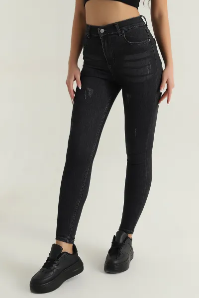 Antrasit Lazerli Likralı Slim Fit Kadın Kot Pantolon 397389