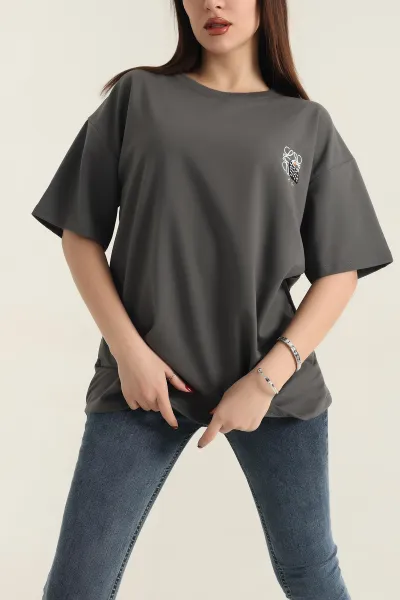 Antrasit Nakışlı Bisiklet Yaka Oversize İki Bayan Tişört 337634