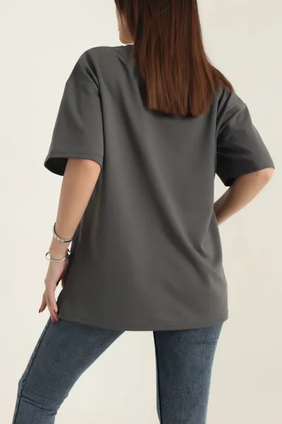 Antrasit Nakışlı Bisiklet Yaka Oversize İki Bayan Tişört 337634