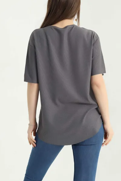 Antrasit Oval Kesim Dokulu Tişört 337673