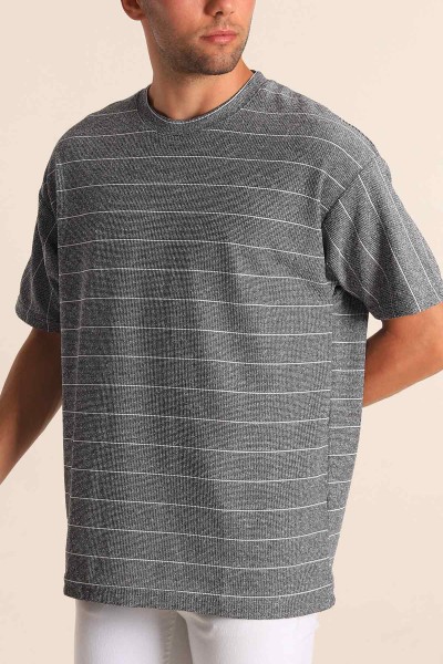 Antrasit Oversize Çizgili Örme Tişört 194063