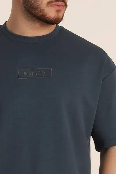 Antrasit Oversize Duble Kumaş Nakış Detaylı Erkek Tişört 345724