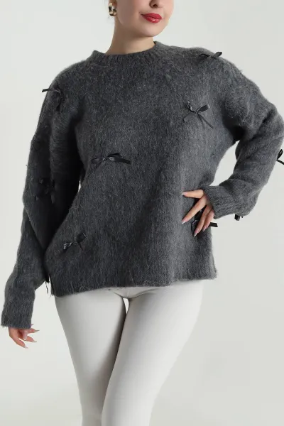 Antrasit Oversize Fiyonklu Kadın Triko Kazak 491002