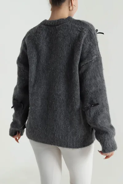 Antrasit Oversize Fiyonklu Kadın Triko Kazak 491002